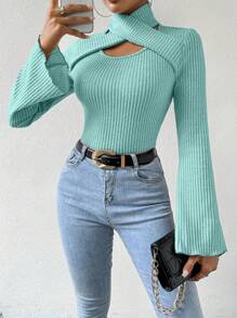 SHEIN Essnce Women's Solid Color Hollow Out Ribbed Bell Sleeve T-Shirt - Green - View 5