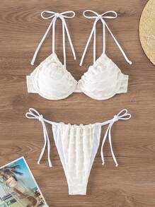 SHEIN Swim 女士纹理两件套比基尼套装夏季海滩 - 白色 - 查看 3
