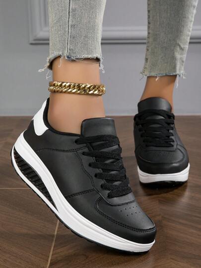 Fall/Winter Women's Breathable Comfortable Athletic Shoes With Wedge Heel, Thick Sole, And Lace-Up Design,Sneakers For Women