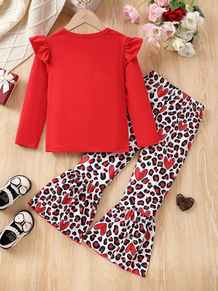 Young Girl Slogan & Heart Printed T-Shirt And Bell-Bottomed Pants Set