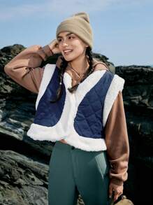 In My Nature Ladies'winter Outdoor Vest Jacket With Raw Edges Patchwork,Warm Vest For Autumn And Winter - Navy Blue - View 5