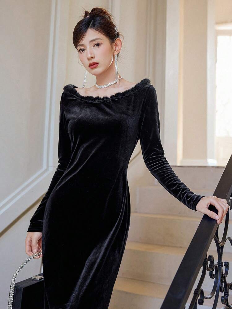 Women'S Velvet Dress With Fur Collar,Fall Dress Long Sleeve Dress