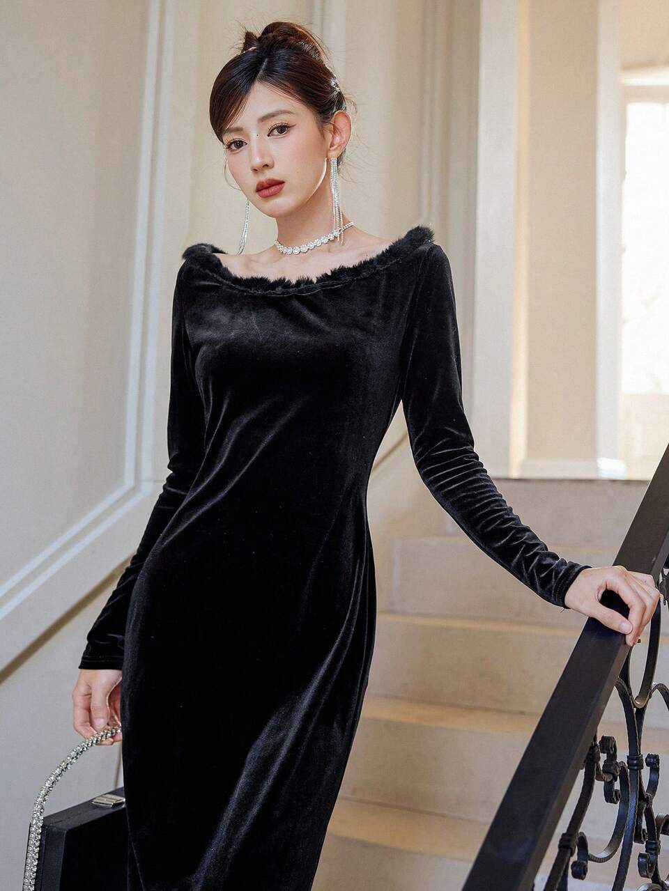 Women'S Velvet Dress With Fur Collar,Fall Dress Long Sleeve Dress