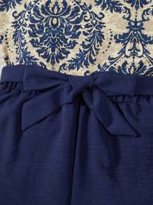 SHEIN 少女時裝優雅印花上衣褲子套裝 - 藍色 - 查看 6