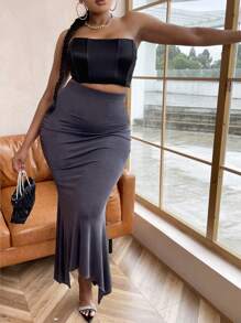 Maweii Plus Size Women's Bodycon Mermaid Skirt With Asymmetrical Hem - Dark Grey - View 3