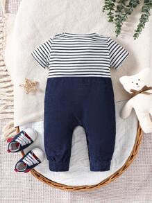 男婴条纹拼接泰迪熊刺绣连体衣 - 藍色 - 查看 2