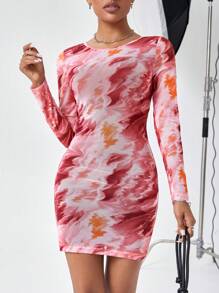 SHEIN Essnce Tie Dye Printed Dress - Red - View 1