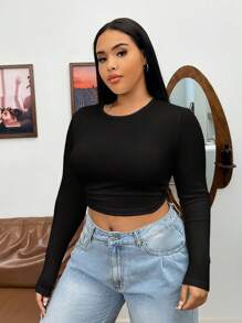 SHEIN EZwear Plus Solid Crop Tee - Black - View 3