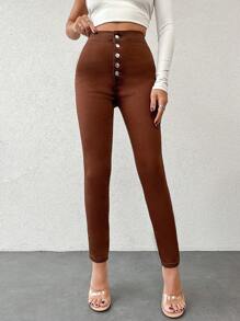 EURMUSE Button-Down Skinny Jeans - Brown - View 7