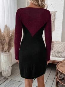 SHEIN Essnce Của phụ nữ Khối màu Vòng cổ Thon gọn Đầm Áo len - Màu Đỏ Sâu - Xem 2