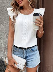 SHEIN Frenchy Áo sơ mi ren chắp vá tay lửng dành cho nữ - trắng - Xem 4