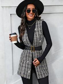 SHEIN Privé Women'S Plaid Sleeveless Jacket - Brown - View 3