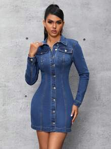 SHEIN SXY Vestido Vaquero Ajustado - Azul lavado oscuro - Ver 6