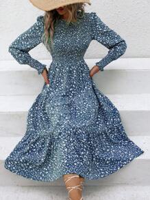 EMERY ROSE 碎花灯笼袖荷叶边下摆连衣裙（不带腰带）女式长款秋季连衣裙 - 藍色 - 查看 5