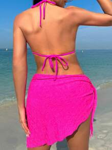 SHEIN Swim Women's Solid Color Bikini Set Valentine Summer Beach - Hot Pink - View 4