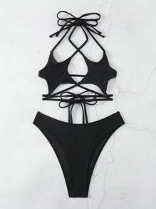 SHEIN Swim Conjunto de bikini de forma de estrella con parte superior halter y Bottom triangular para la playa de verano - Negro - Ver 7