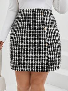 SHEIN Frenchy Women's Plus Size Grid Pattern Split Hem Skirt - Black - View 4