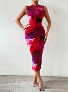 SHEIN Privé 女款修身無袖網紗印花洋裝 - 彩色 - 查看 6