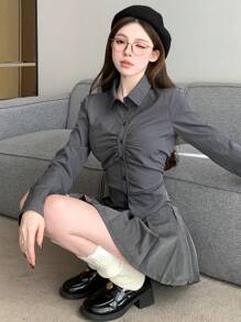 DAZY 纯色褶皱长袖衬衫，秋季服装学院风上衣长袖上衣 - 灰色 - 查看 2