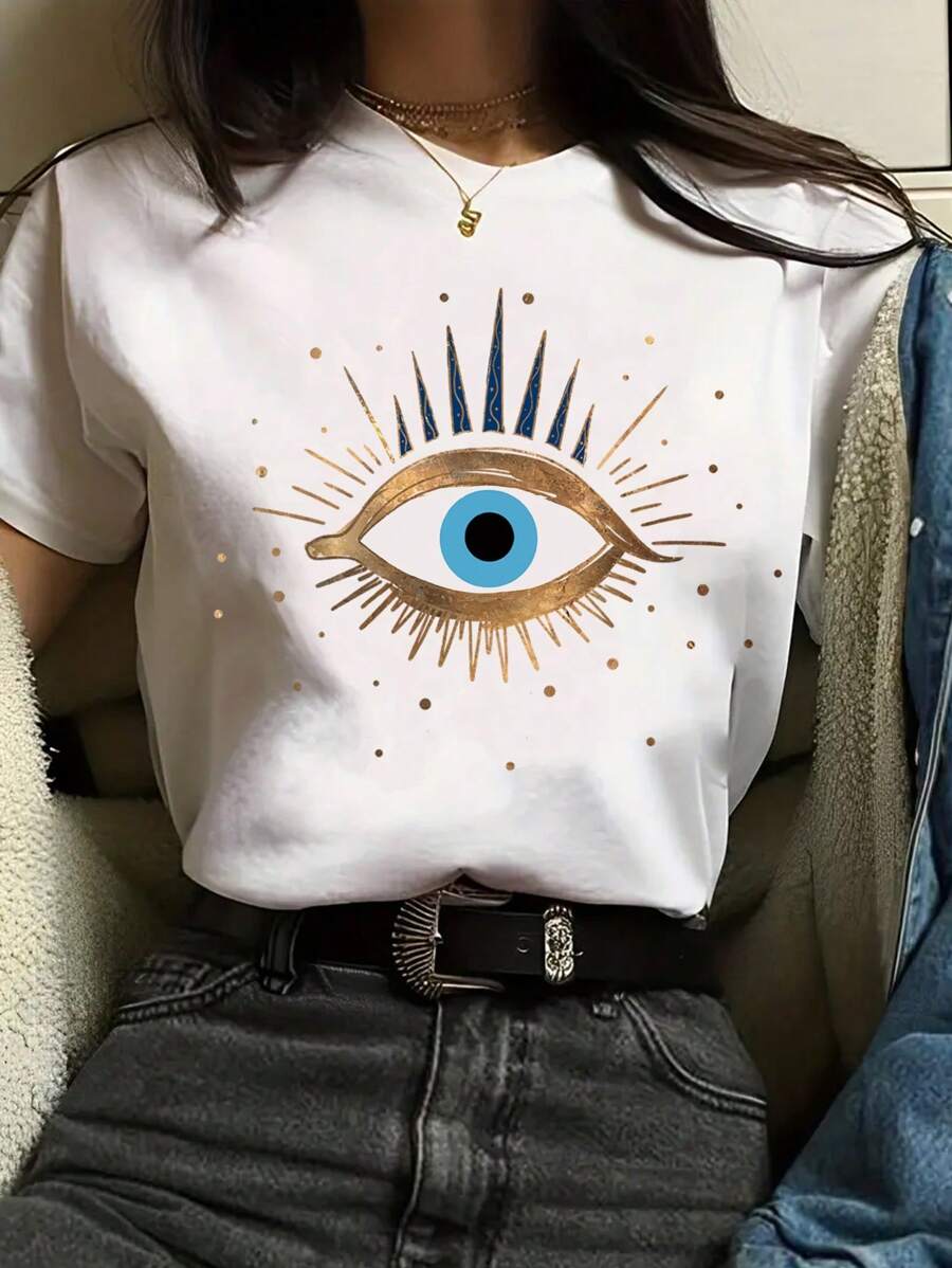 INAWLY Women's Eye Print Short Sleeve T-Shirt Graphic Tees Women Tops - White - View 1