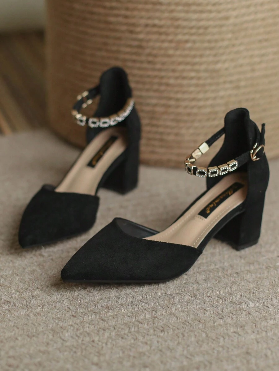 女款高跟鞋，黑色麂皮專業厚跟高跟鞋，金屬扣釦，鑲嵌鑽石優雅中空羅馬風格復古款式 - 黑色 - 查看 1