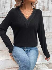 SHEIN LUNE 女士蕾絲和編織細節v領運動衫 - 白色 - 查看 5