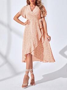 SHEIN VCAY Vestido Cruzado Anudado Con Mangas Con Volantes Y Estampado Floral - Amarillo - Ver 7