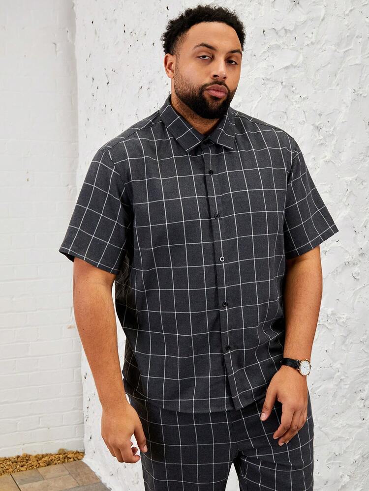 Men's Plus Size Checked Casual Two Piece Set