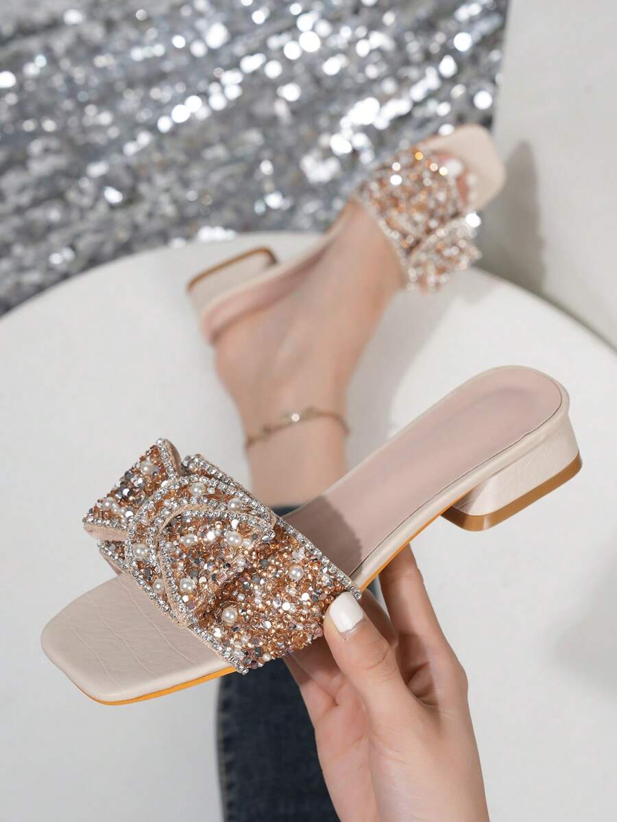 女士新款水钻装饰一脚蹬凉鞋，时尚奢华亮片珍珠链花朵露趾百搭迷人凉鞋