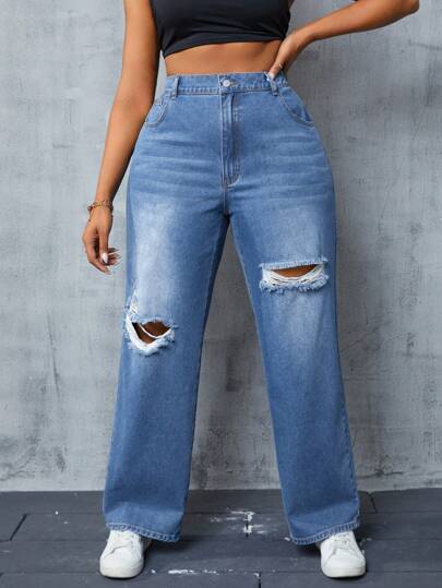 SHEIN SXY Plus Size Distressed Washed Denim Jeans
