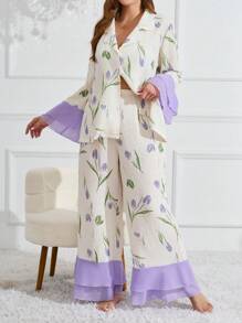 CottageSlumber Conjunto de pijama de manga larga con estampado de tulipanes para mujer de talla grande, ropa de otoño - Albaricoque - View 2