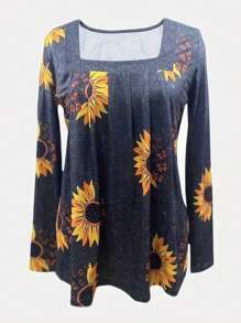 INAWLY In hoa Cổ vuông Áo thun - Màu xanh hải quân - Xem 1