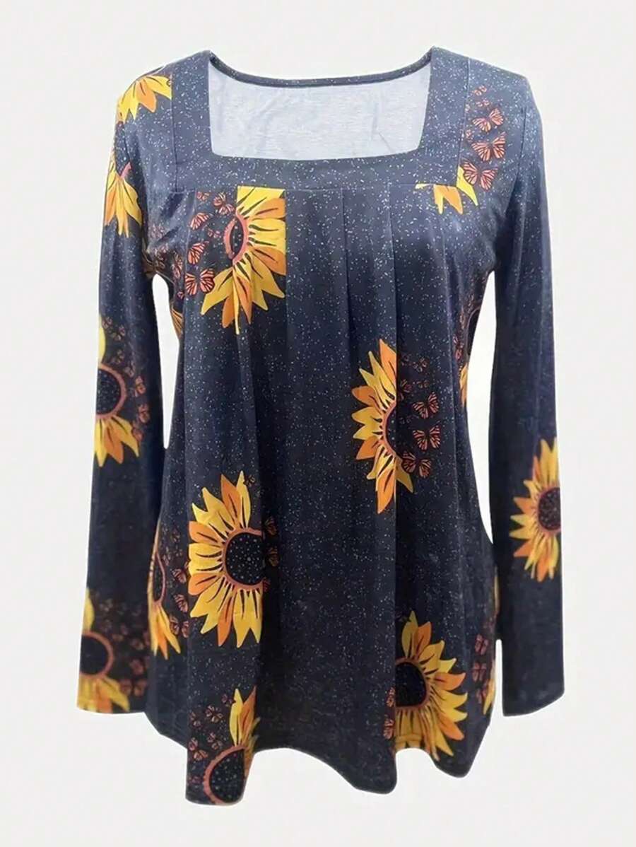 INAWLY In hoa Cổ vuông Áo thun - Màu xanh hải quân - Xem 1