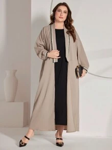 Al Najma Women's Plus Size Patchwork Web Double Pocket Jacket Abayas - Grey - View 6