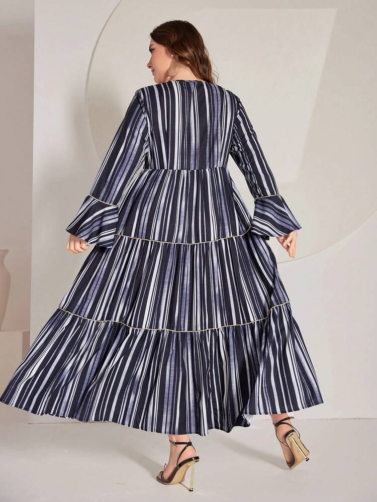Plus Size Color Block Striped Dress With Metallic Panel And Flared Sleeves Kaftan Jalabiya Dress