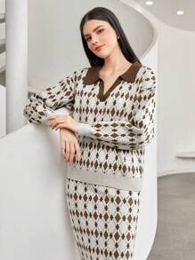 Mulvari Women'S Geometric Print Collar Sweater And Skirt Two-Piece Set 2 Piece Set