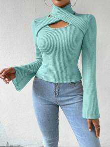SHEIN Essnce Women's Solid Color Hollow Out Ribbed Bell Sleeve T-Shirt - Green - View 4