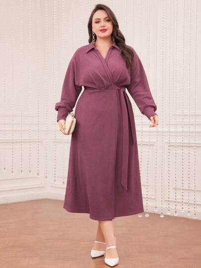 Seusyu فستان نسائي بأكمام طويلة وياقة مقلوبة مقاس كبير