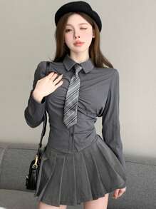 DAZY 纯色褶皱长袖衬衫，秋季服装学院风上衣长袖上衣 - 灰色 - 查看 5