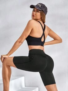 SHEIN Sports 女士运动短裤带口袋骑行短裤氨纶短裤 - 黑色 - 查看 4