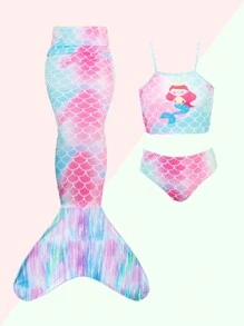 Young Girl Mermaid Three-Piece Swimwear Including Fishtail Dress-Up Cover Up - Blue - View 1