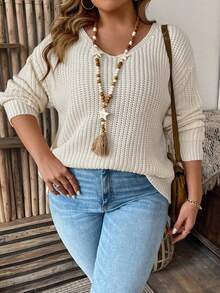 SHEIN LUNE 大尺碼純色放肩毛衣 - 杏色 - 查看 3