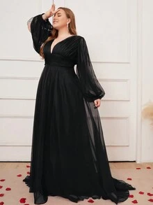 大码女式褶饰网眼长袖开衩晚礼服 - 黑色 - 查看 4