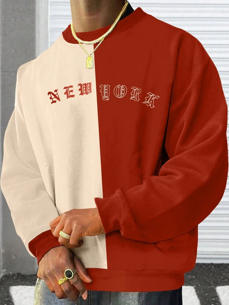 Men's Plus Size Color Block Sweatshirt With English Letter Print