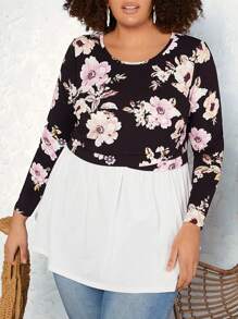 SHEIN CURVE+ 大尺碼女款花卉印花長袖上衣