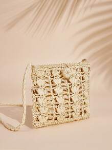 SHEIN VCAY Ladies' Crossbody Straw Bag,Woven Bag,Perfect For Summer Beach Travel Vacation,For Outdoor,Holiday - Apricot - View 2