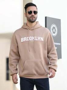 男士大尺碼字母印花連帽抓絨運動衫 - 咖啡棕 - 查看 1