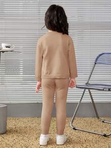 SHEIN Nhỏ bé Cô gái Dễ thương Dài tay Nơ Áo len Bộ đồ - Màu be - Xem 2