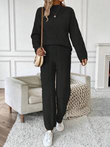 EMERY ROSE Women's Stand Collar Long Sleeve Sweater And Sweater Pants Two Piece Set - Black - View 4