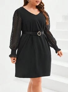 SHEIN Frenchy Kích thước lớn Của phụ nữ Trở lại Coa dây Nối Tay áo dài Đầm - màu đen - Xem 5